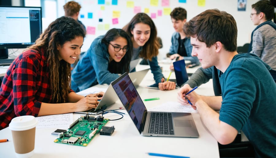 Energetic group of university students collaborating around Raspberry Pi components and laptops, epitomizing innovation and teamwork at a university hackathon event.