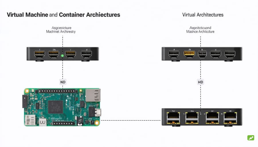 Architectural diagram comparing VM and container-based processing on Raspberry Pi
