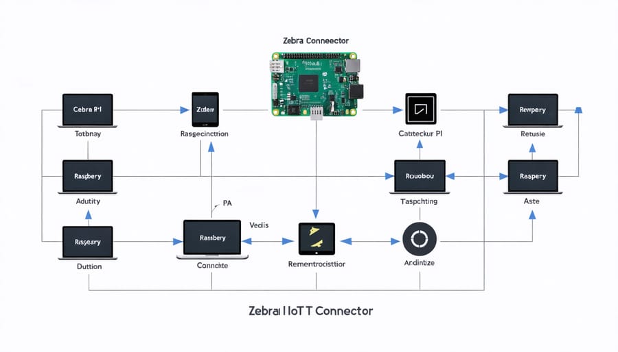 Technical diagram illustrating how Zebra IoT Connector interfaces with Raspberry Pi and IoT devices