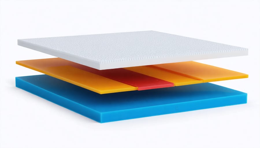 Detailed cross-section illustration of 3D printed circuit board layers showing conductive traces and substrate materials