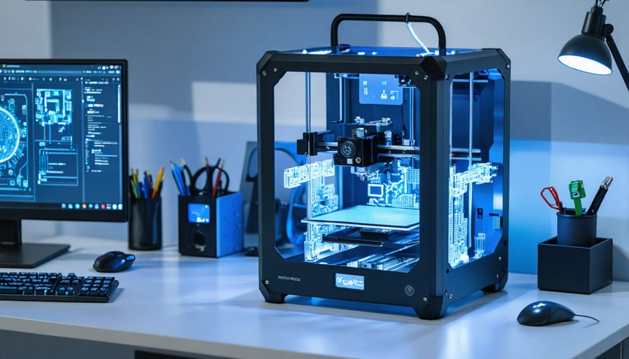 Conceptual image of a 3D printer creating a circuit board with highlighted conductive and non-conductive layers, symbolizing the innovative fusion of electronics and additive manufacturing.