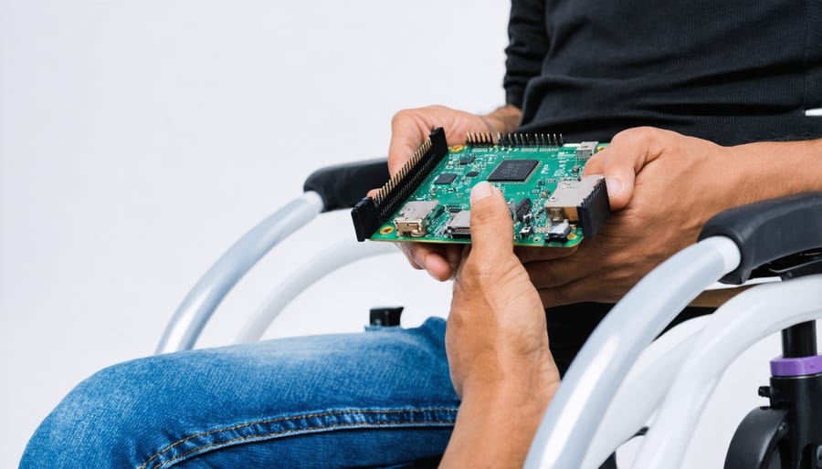 Workshop participant using accessible input devices connected to Raspberry Pi