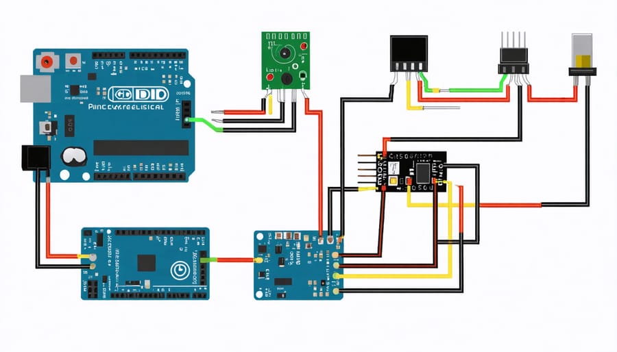 Circuit diagram illustrating connections between Arduino and environmental sensors with labeled pins and components