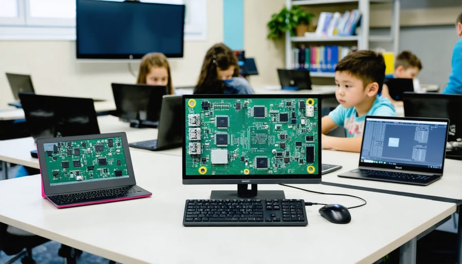 Students exploring different types of single-board computers in a classroom laboratory
