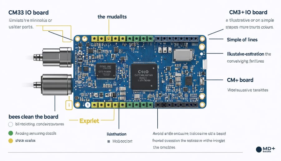 Detailed layout diagram of Raspberry Pi CM3+ IO Board with labeled components and interfaces