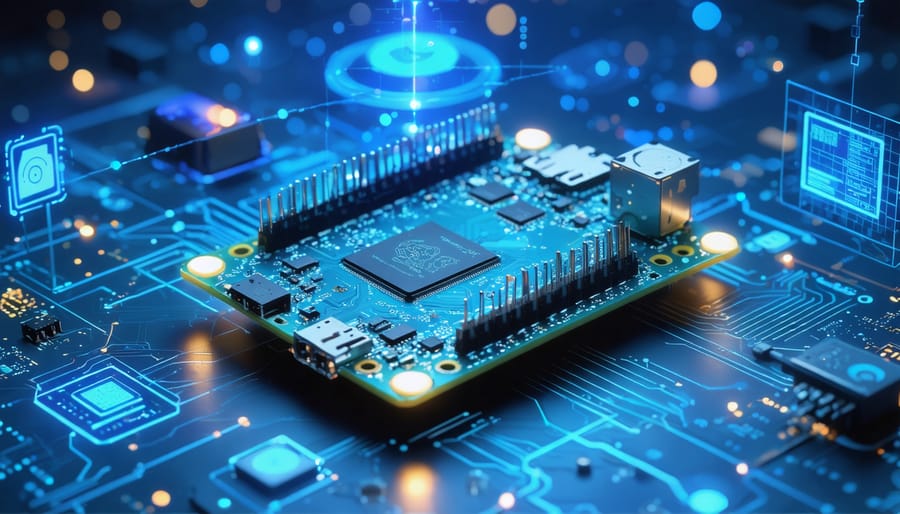 Raspberry Pi Compute Module 3+ IO Board shown in a high-tech industrial setting, surrounded by abstract representations of connected devices, highlighting its versatility and potential in industrial automation.
