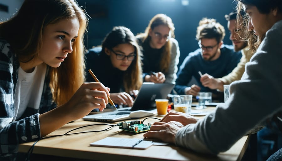 Multi-ethnic group of people working together on a Raspberry Pi programming exercise