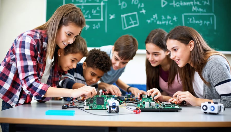 Diverse students collaborating and working on STEM projects using single-board computers in a classroom setting, demonstrating practical learning in technology.