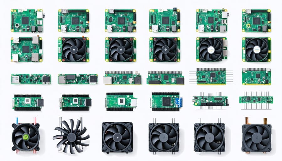 Various Raspberry Pi 4 cooling solutions displayed side by side showing size and design differences