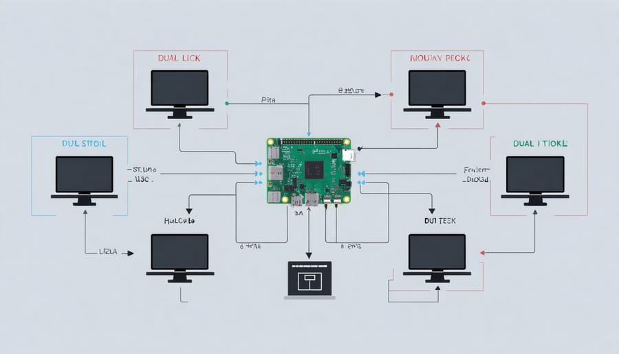 Dual stack architecture showing IPv4 and IPv6 networks connected to Raspberry Pi