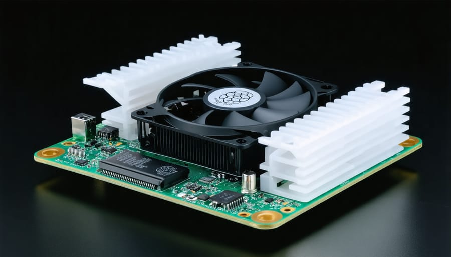 Visual guide showing the installation process of a cooling fan on Raspberry Pi 4