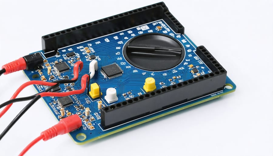 Digital multimeter probes measuring voltage across Raspberry Pi GPIO power pins