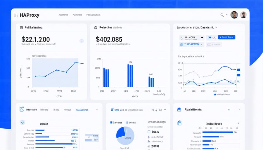 HAProxy dashboard interface displaying server health and traffic distribution statistics