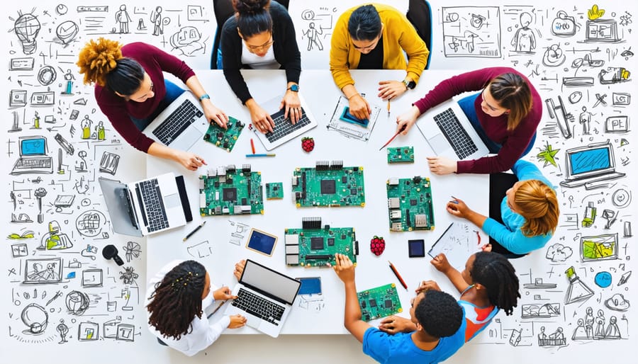 Diverse group of participants actively engaging in a Raspberry Pi workshop, surrounded by various tech components and digital representations of diversity, equity, and inclusion.