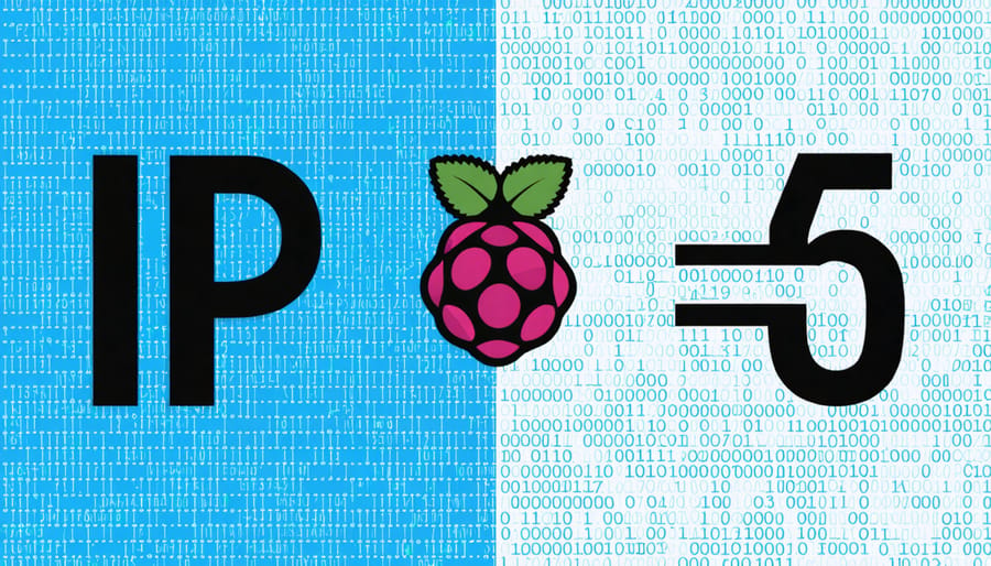 An illustration showing IPv4 and IPv6 address formats with a Raspberry Pi placed between them, symbolizing the transition phase and network evolution.
