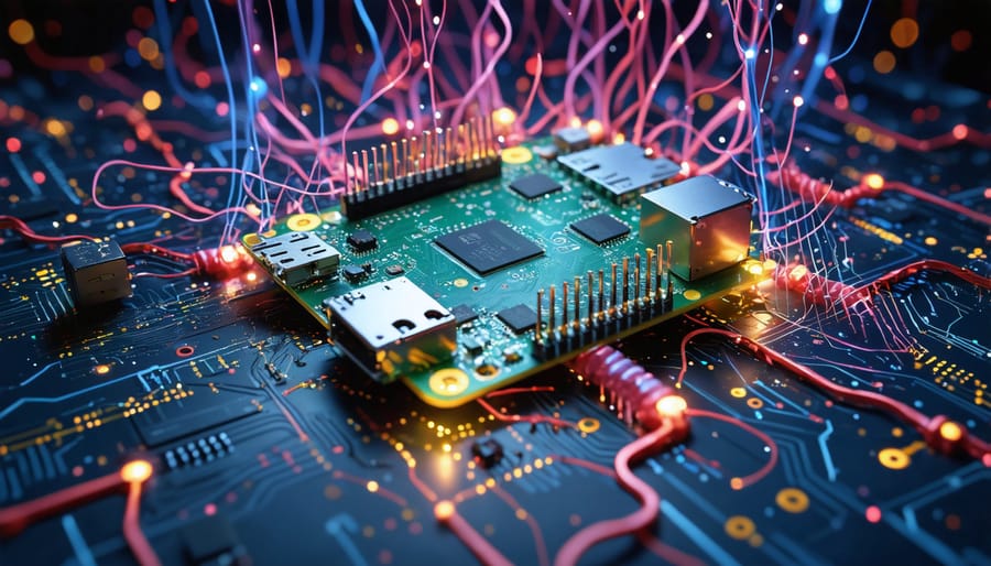 Artistic depiction of a Raspberry Pi with swirling lines of JavaScript code representing neural networks and AI concepts, illustrating the transformation of the device into an AI hub.