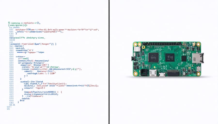 Visual comparison of JavaScript code and Raspberry Pi circuit board highlighting the connection between software and hardware