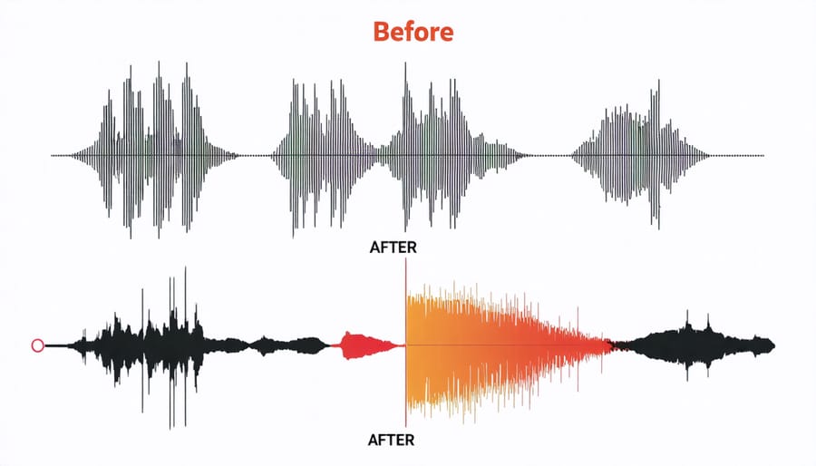 Comparison of audio waveforms before and after mastering processing