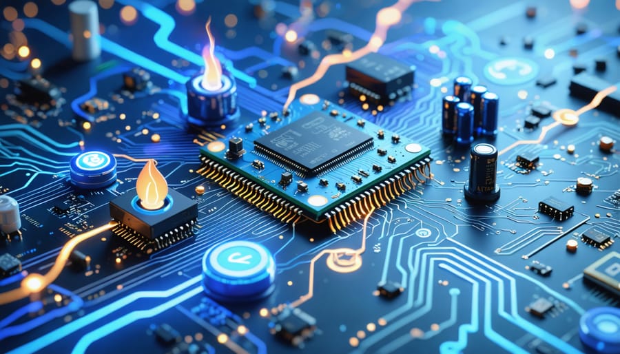 An abstract representation of a microcontroller with energy waves and battery icons, symbolizing power-efficient programming strategies.
