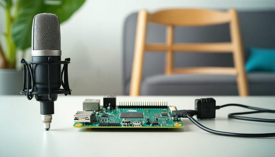 Complete hardware setup showing Raspberry Pi, microphone, and connection diagram