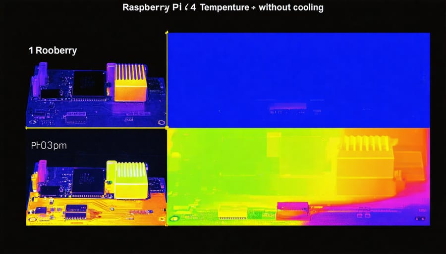 Side-by-side thermal images of Raspberry Pi 4 showing temperature distribution with and without active cooling