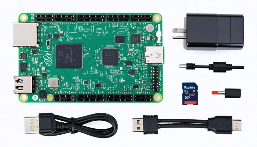 Essential components of a Raspberry Pi 3 starter kit displayed on a clean white surface