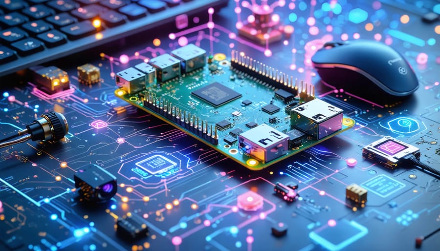A Raspberry Pi 4 setup with connected camera module, keyboard, and mouse, overlaid with visual elements like neural network diagrams and digital data streams, representing the integration of machine learning with the Raspberry Pi platform.