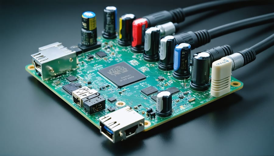 Close-up image of a Raspberry Pi connected with audio DACs and ADCs, showcasing its transformation into a professional audio mixing studio with various interface components.