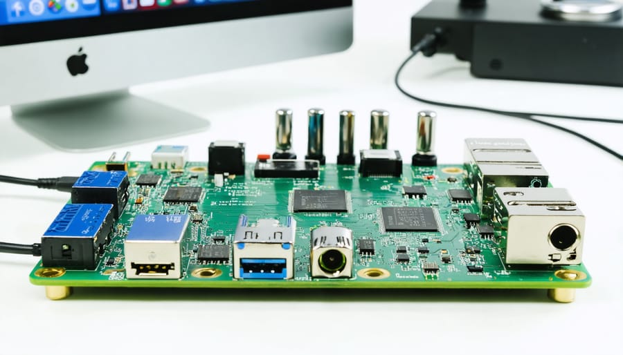 Raspberry Pi connected to audio interface, DAC, and mixing controls
