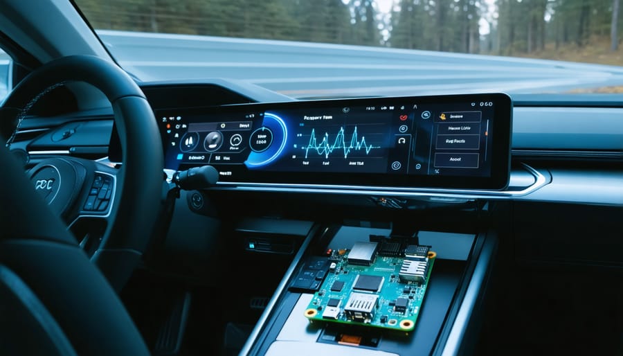 Visual depiction of a car diagnostic interface showcasing real-time engine performance data, with a Raspberry Pi connected to an OBD-II adapter.