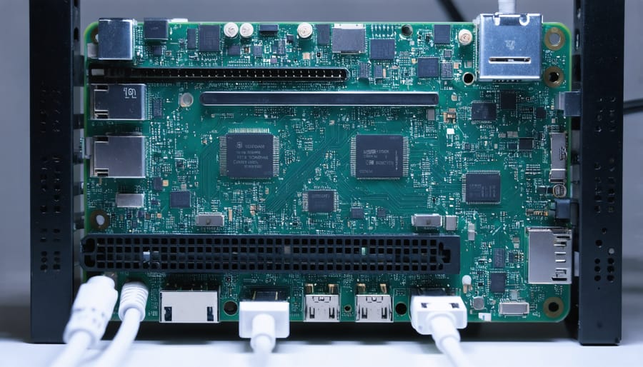 Multiple Raspberry Pi devices connected in a cluster configuration with networking cables