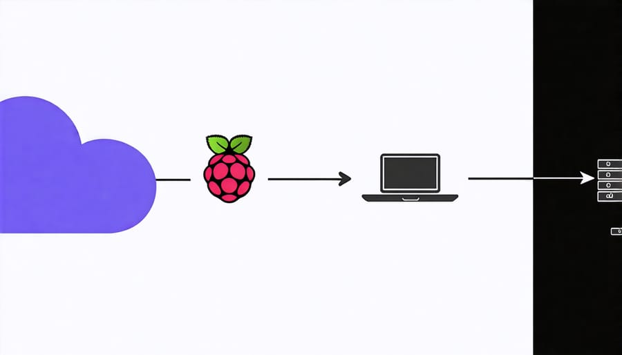 Visual representation of data flow between Raspberry Pi, external storage, and cloud services