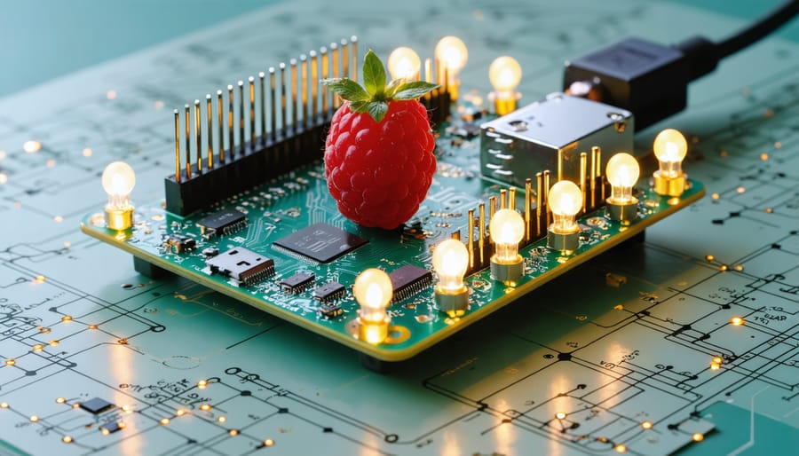 Raspberry Pi with LEDs connected to GPIO pins, featuring a schematic overlay of BCM and physical pin numbering systems, representing command-line control and digital prototyping.