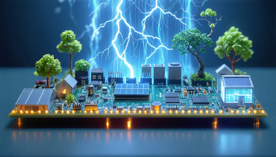 Illustration of a Raspberry Pi with a heat aura radiating outward, symbolizing the transformation of thermal energy into sustainable resources like greenhouses and generators.