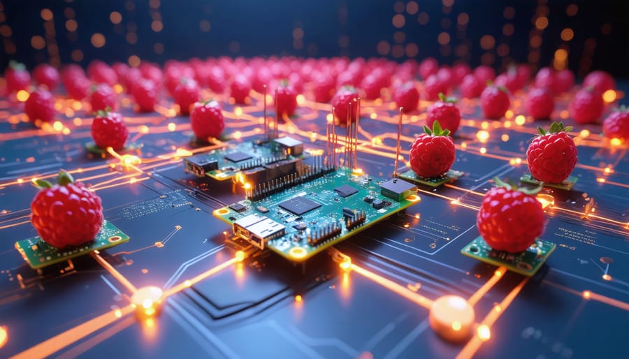 A conceptual illustration depicting multiple Raspberry Pi devices interconnected in a cluster, visually demonstrating the intelligent distribution of network traffic to enhance performance and reliability.