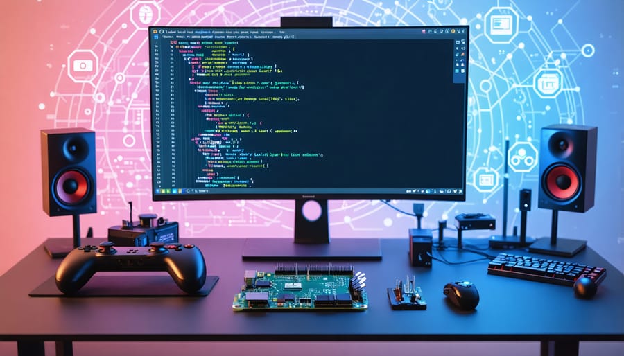 A Raspberry Pi 4 set up as a gaming development station with a monitor displaying game code, surrounded by controllers and a keyboard, symbolizing multiplayer connectivity and game development.