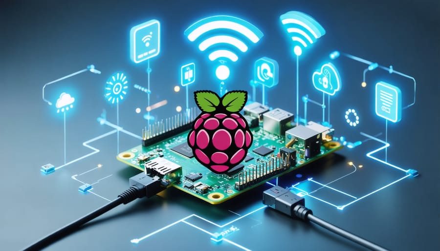 An illustration of a Raspberry Pi surrounded by network cables and Wi-Fi waves, showcasing various networking options and configurations.