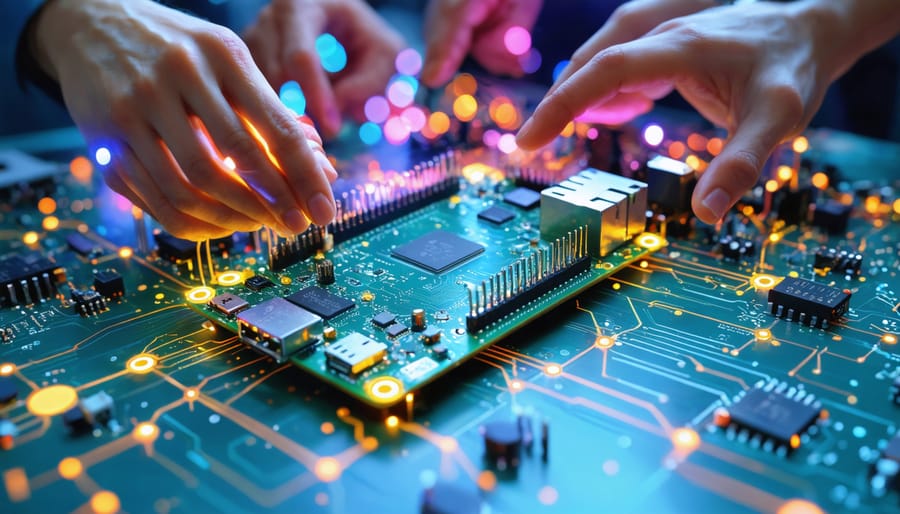 A Raspberry Pi board surrounded by a network of digital connections, illustrating the collaborative and innovative spirit of the open-source community.