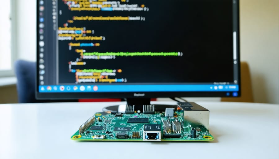 Raspberry Pi development board connected to a monitor showing source code