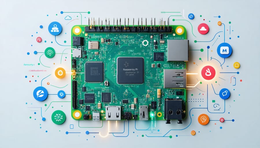 Conceptual illustration highlighting the Raspberry Pi board surrounded by icons of compatible operating systems, symbolizing its versatility and community support.