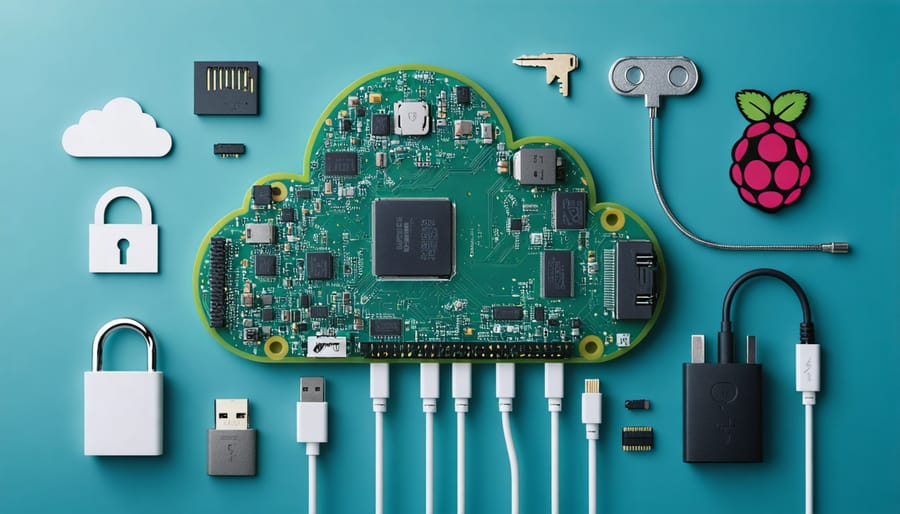 Illustration of a Raspberry Pi 4 setup with cables and SSD forming a cloud shape, signifying personal cloud storage with a focus on data control and security.