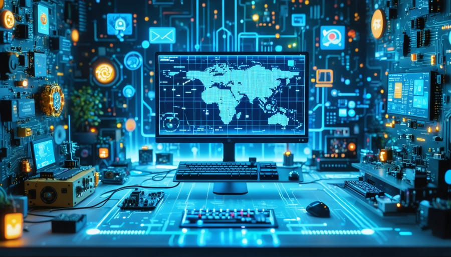 An imaginative visual representation of a dynamic Raspberry Pi showcase project, featuring LED displays, sensors, and innovative technical components illustrating project flow and interaction.