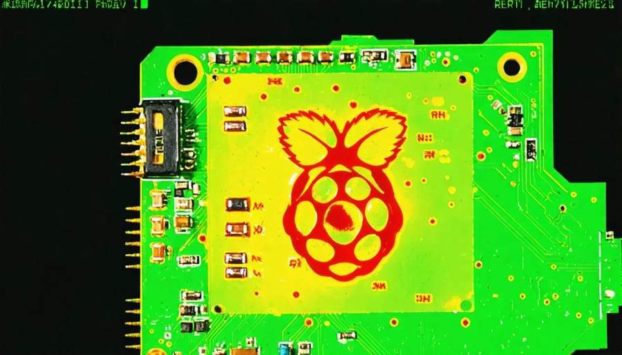 Thermal image of Raspberry Pi board with CPU and components showing temperature variations in different colors