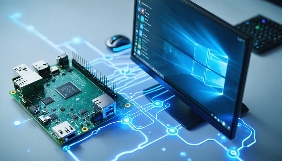 A 3D-rendered Raspberry Pi board with glowing network lines connecting to a stylized Windows PC, symbolizing remote access and connectivity via VNC.