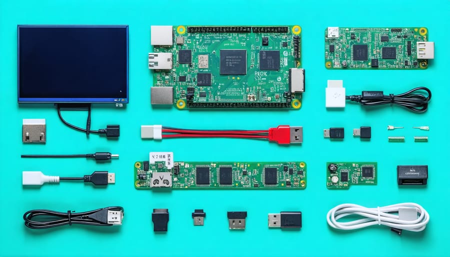 Essential Raspberry Pi components for workshop setup including main board, display, and input devices