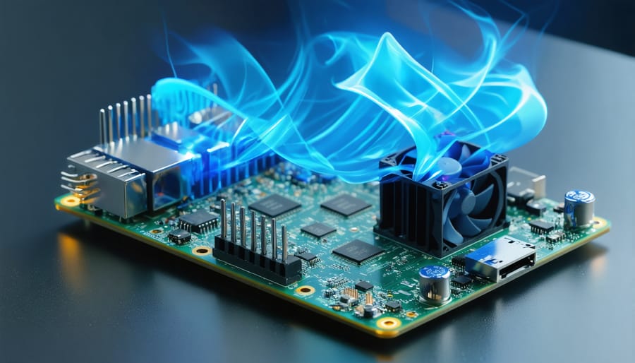 An actively cooled Raspberry Pi 4 board with a heatsink and fan, demonstrating effective temperature control through blue airflow simulation around the board, symbolizing optimized performance and cooling efficiency.