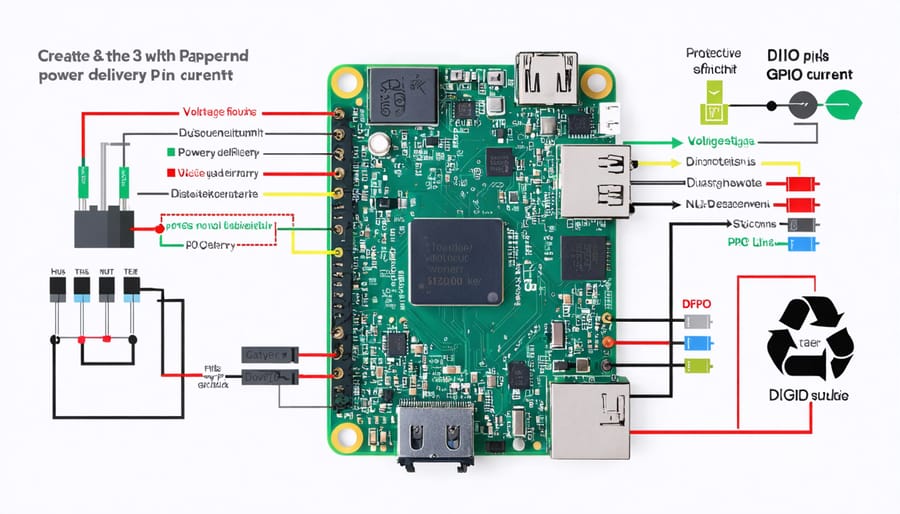 Conceptual image of a Raspberry Pi with highlighted GPIO pins for safe power connections, surrounded by schematic-style graphics showing voltage, current, and protective components.