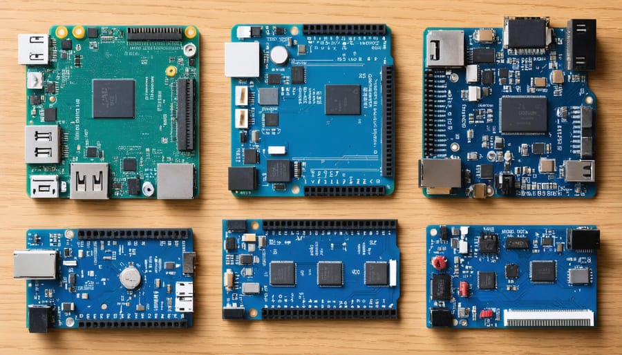 Multiple single-board computers displayed side by side showing size and port comparisons