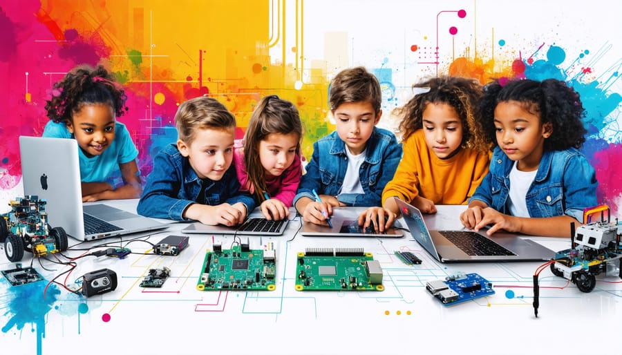 Conceptual illustration showing diverse students collaborating on STEM projects with single-board computers in a modern classroom setting, highlighting their transformative role in education.