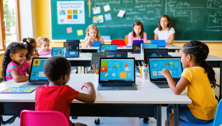 A classroom scene depicting students and educators engaging with single-board computers, representing the transformation of tech programs in schools with support from major tech companies.